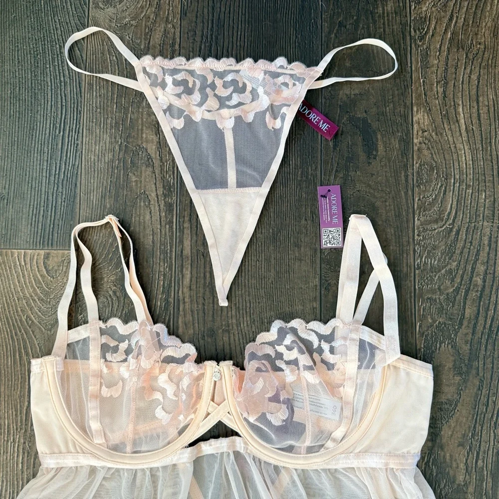Adore Me Sheer Mesh Babydoll & Thong Lingerie Set Large NWT